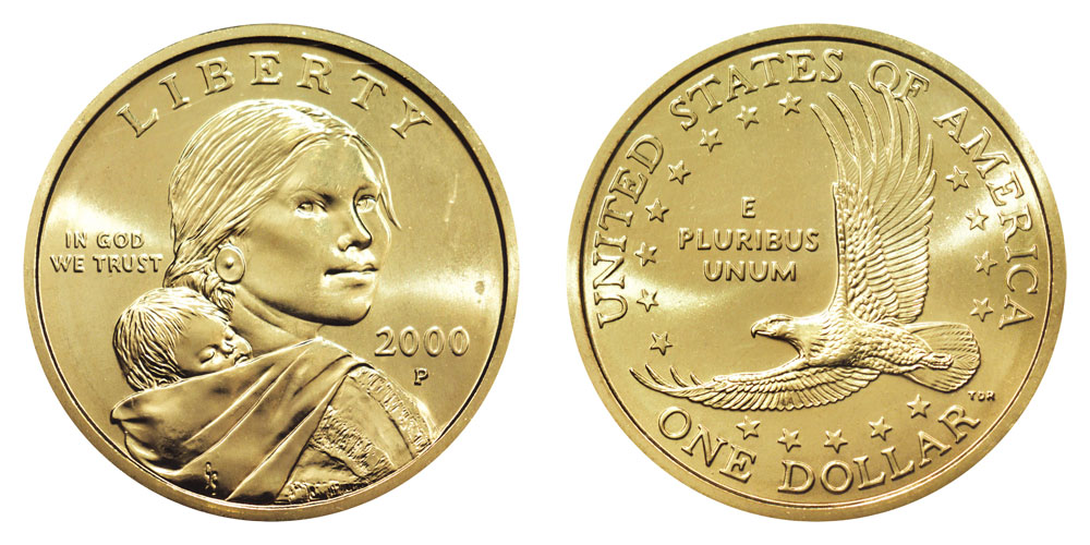 2000-P Sacagawea dollar obverse and reverse showing Sacagawea with baby and soaring eagle design