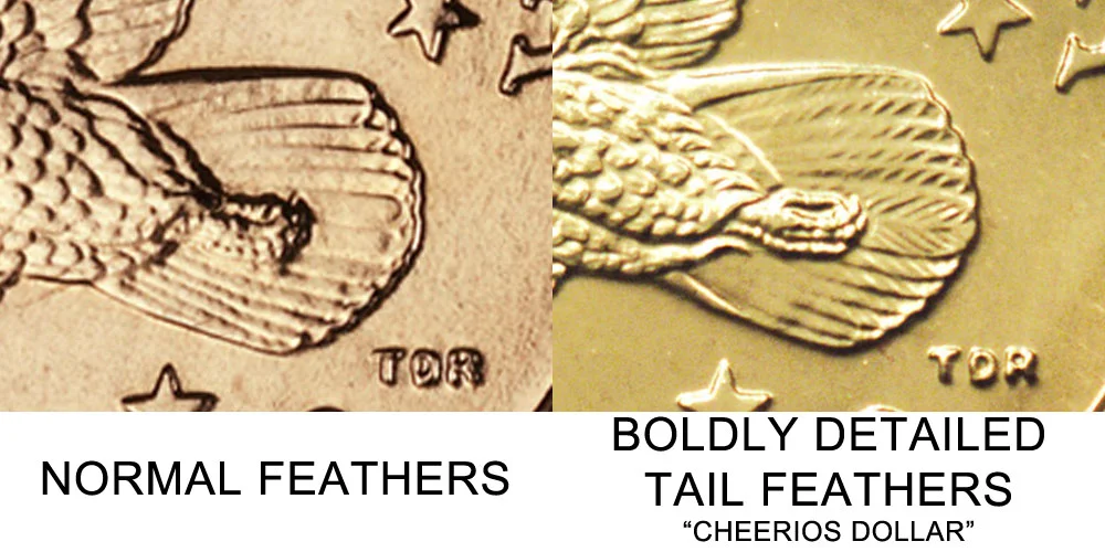2000-P Cheerios dollar eagle tail feathers showing enhanced prototype reverse design