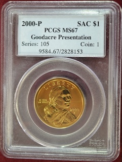 2000-P Goodacre Presentation Sacagawea dollar obverse with distinctive satin specimen finish