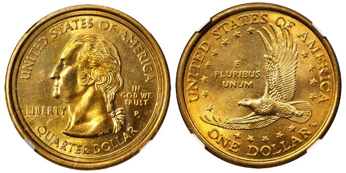 2000-P Washington Quarter Sacagawea Dollar Mule error showing Washington portrait obverse on golden manganese-brass planchet