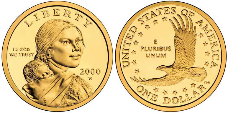 2000 Sacagawea dollar grading strip showing four condition tiers from worn to gem uncirculated